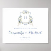 Floral Blue Hydrangea Crest Monogram Welkomstbord Poster (Voorkant)