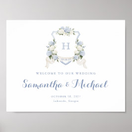 Floral Blue Hydrangea Crest Monogram Welkomstbord Poster