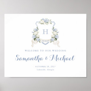 Floral Blue Hydrangea Crest Monogram Welkomstbord Poster