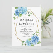 Floral Blue Hydrangea Gold Lijst Wedding Kaart (Staand voorkant)
