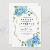 Floral Blue Hydrangea Gold Lijst Wedding Kaart (Voorkant / Achterkant)