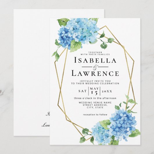 Floral Blue Hydrangea Gold Lijst Wedding Kaart (Voorkant / Achterkant)