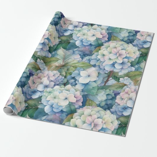 Floral Blue Hydrangea Waterverf Cadeaupapier (Uitgerold)