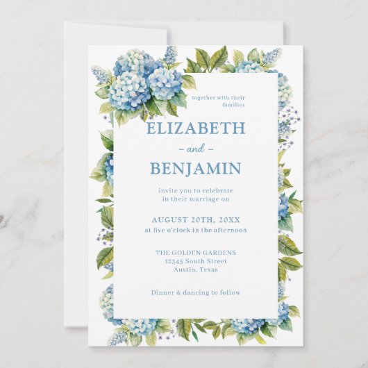 Floral Blue Hydrangeas Waterverf Bruiloft Kaart (Voorkant)