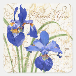 Floral Blue Iris Gold Damask Dank u Vierkante Sticker