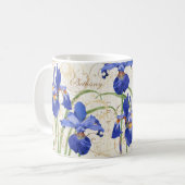 Floral Blue Iris Gold Damask Monogram Naam Koffiemok (Voorkant links)