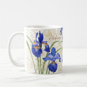 Floral Blue Iris Gold Damask Monogram Naam Koffiemok