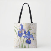 Floral Blue Iris Gold Damask Monogram Naam Tote Bag (Voorkant)