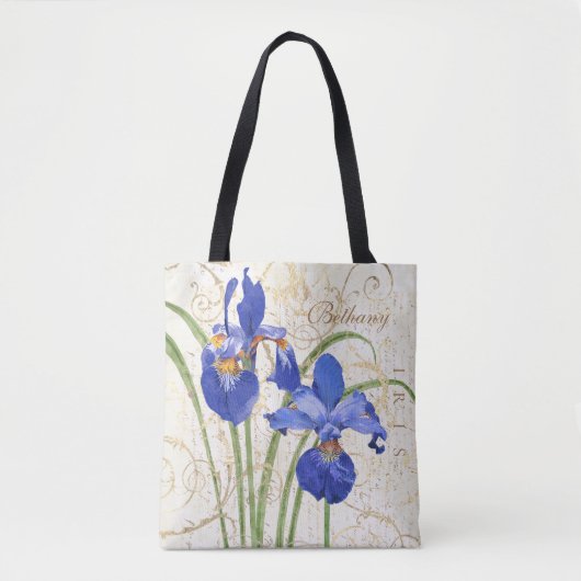 Floral Blue Iris Gold Damask Monogram Naam Tote Bag (Voorkant)