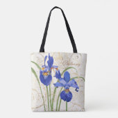 Floral Blue Iris Gold Damask Monogram Naam Tote Bag (Achterkant)