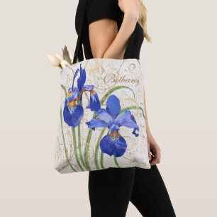Floral Blue Iris Gold Damask Monogram Naam Tote Bag