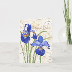 Floral Blue Iris Gold Damask White Bedankkaart