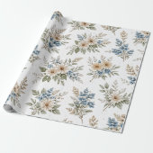 Floral Blue Ivory Meadow Pattern Cadeaupapier (Uitgerold)