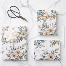 Floral Blue Ivory Meadow Pattern Inpakpapier Vel