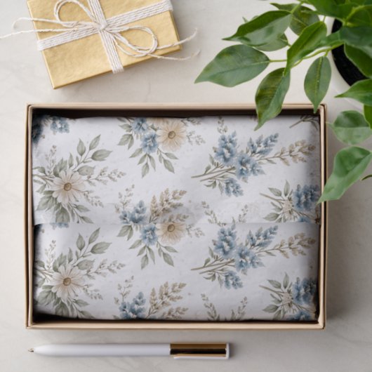 Floral Blue Ivory Meadow Pattern Tissuepapier (Geschenk)