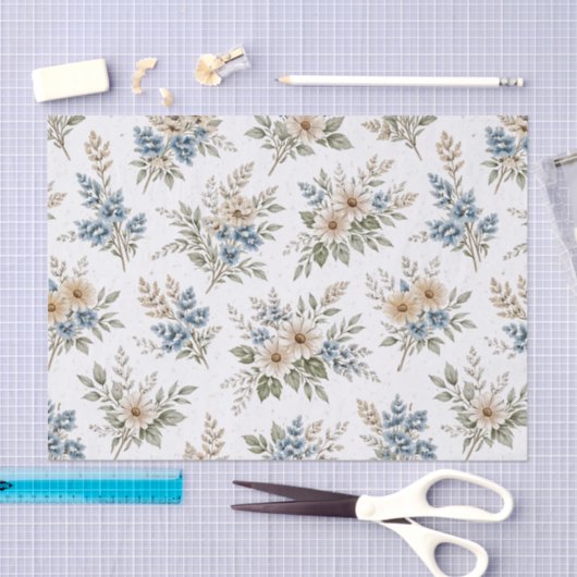 Floral Blue Ivory Meadow Pattern Tissuepapier (Craft)