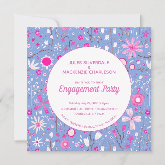 Floral Blue Modern Engagement Party Kaart (Voorkant)