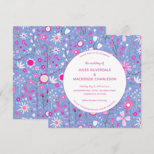 Floral Blue Modern Wedding Kaart (Voorkant / Achterkant)