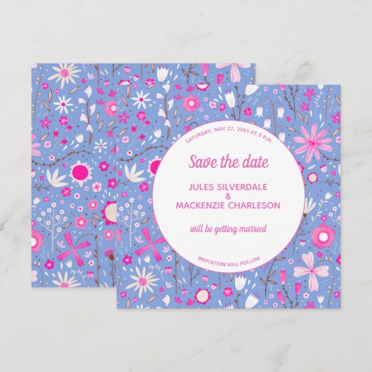 Floral Blue Modern Wedding Save The Date (Voorkant / Achterkant)