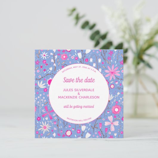 Floral Blue Modern Wedding Save The Date (Staand voorkant)