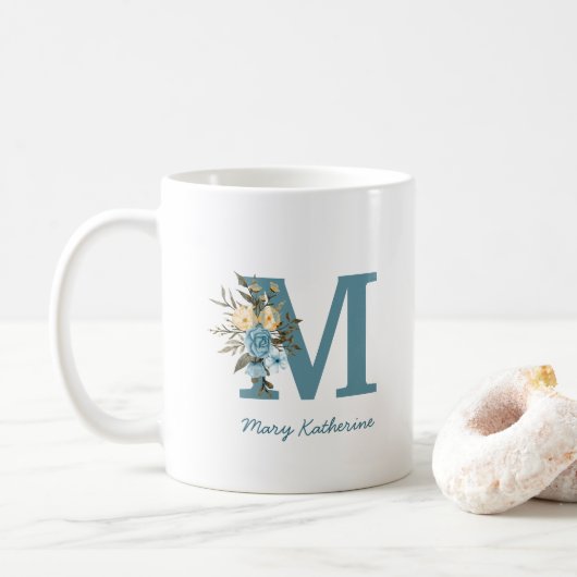 Floral Blue Monogram Mok op maat voor koffie (Met donut)