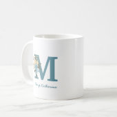 Floral Blue Monogram Mok op maat voor koffie (Voorkant links)
