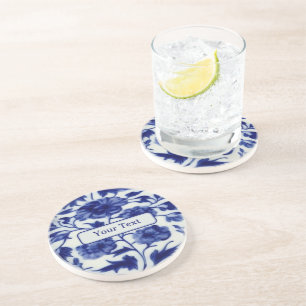 Floral Blue op White  Pottery Painting Zandsteen Onderzetter