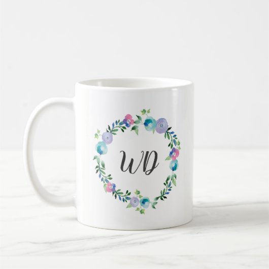 Floral blue paarse waterverf Monogram mok (Links)