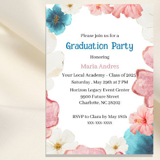 Floral Blue & Pink Graduation Invitation Kaart