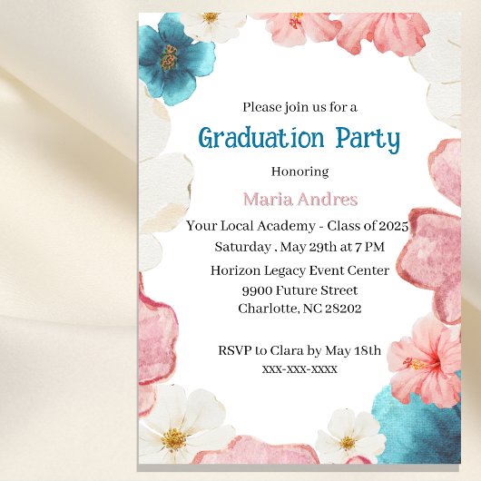 Floral Blue & Pink Graduation Invitation Kaart