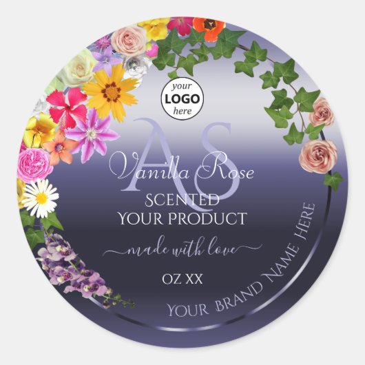 Floral Blue Product Packaging Labels Monogram Logo (Voorkant)