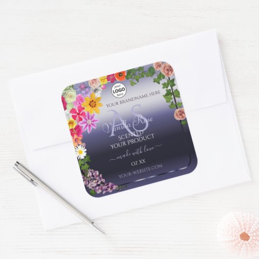Floral Blue Product Packaging Labels Monogram Logo (Envelop)