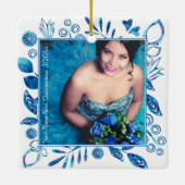 Floral Blue Quinceanera-kerstfoto Ornament (Achterkant)