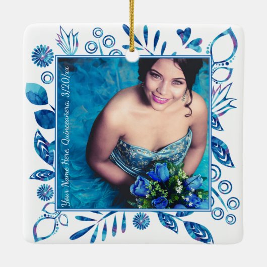Floral Blue Quinceanera-kerstfoto Ornament (Achterkant)