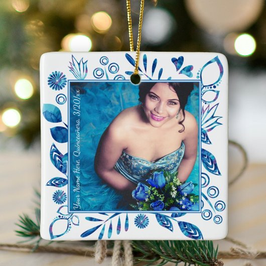 Floral Blue Quinceanera-kerstfoto Ornament