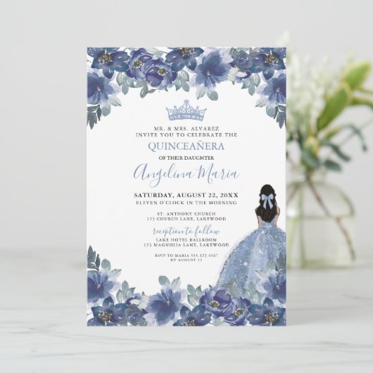 Floral Blue Quinceanera Uitnodiging (Staand voorkant)