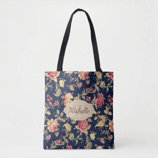 Floral Blue Roos monogram & naam Tote Bag (Voorkant)