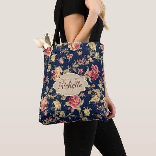Floral Blue Roos monogram & naam Tote Bag (Dichtbij)