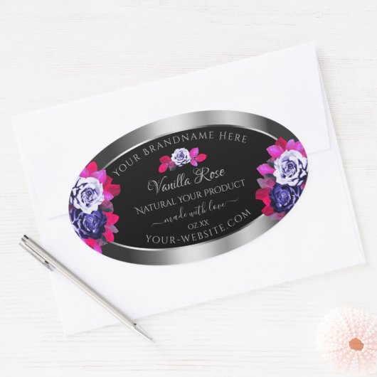 Floral Blue Roses Product Labels Black Silver (Envelop)