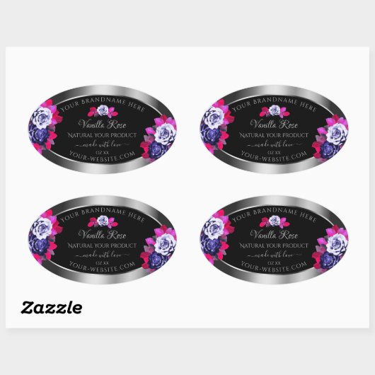 Floral Blue Roses Product Labels Black Silver (Vel)