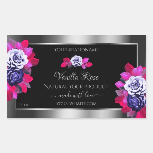 Floral Blue Roses Product Labels Black Silver (Voorkant)