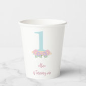 Floral blue, roze pastel 1st Birthday feest Papieren Bekers (Voorkant)
