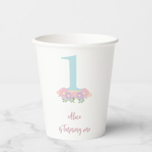Floral blue, roze pastel 1st Birthday feest Papieren Bekers (Voorkant)