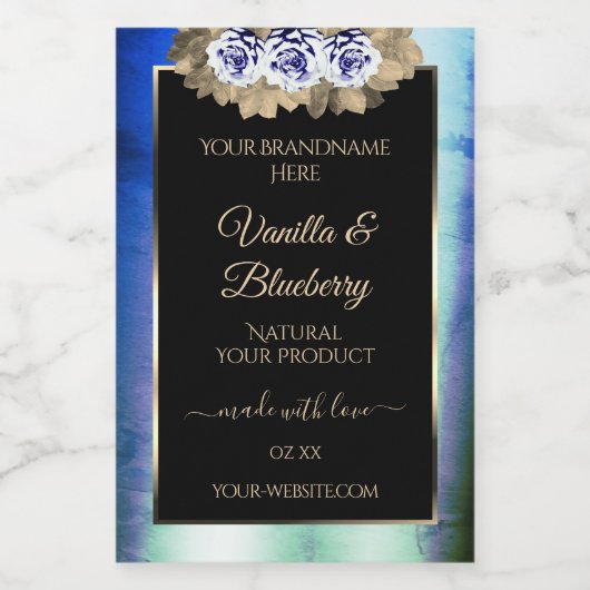 Floral Blue Rozen Black Product Label Marble Lijst Voedselcontainer Etiket (Enkel label)