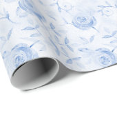 Floral Blue Rozen Elegant Damask Wedding Cadeaupapier (Rol Hoek)