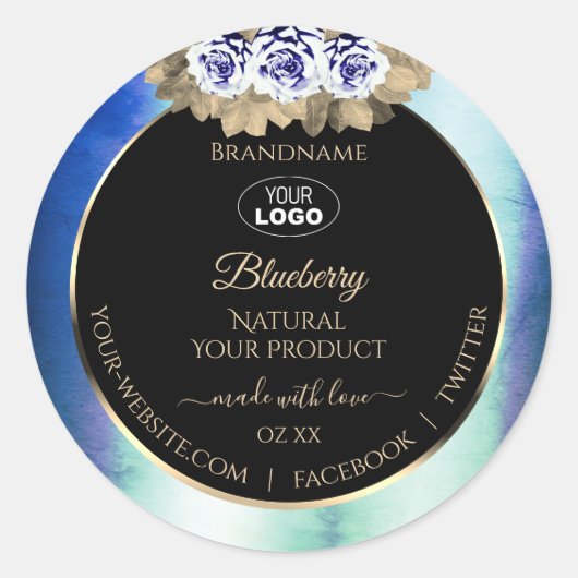Floral Blue Rozen Marble Product Labels Logo Black (Voorkant)