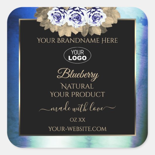Floral Blue Rozen Marble Product Labels Logo Black (Voorkant)