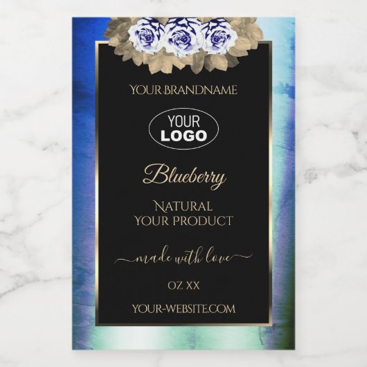 Floral Blue Rozen Marble Product Labels Logo Black Voedselcontainer Etiket (Enkel label)