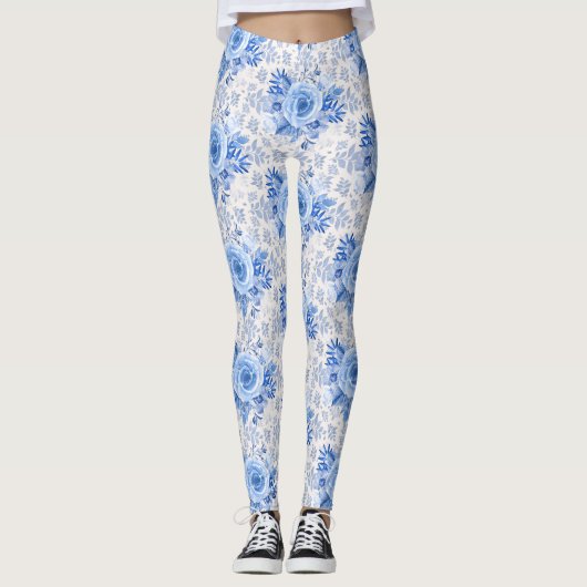 Floral Blue Rozen op witte Leggings vrouwen (Voorkant)