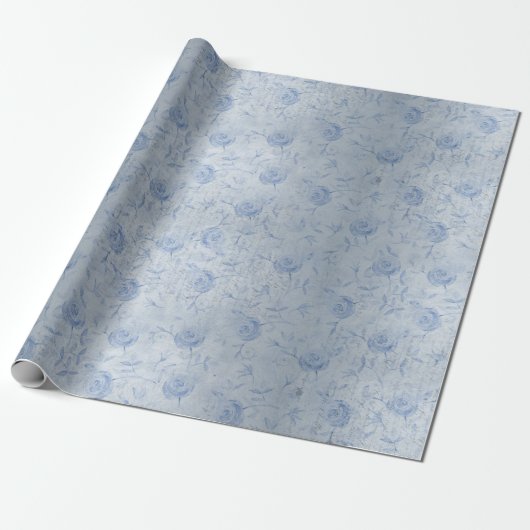 Floral Blue Rozen Silver Shimmer Chic Cadeaupapier (Uitgerold)